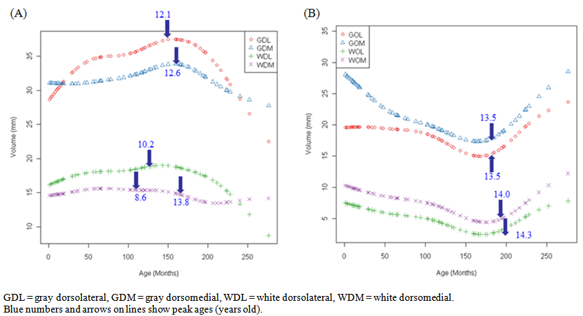 Figure 4. Plot of the predicted RBV of GM (or WM) by age, adjusted for ...